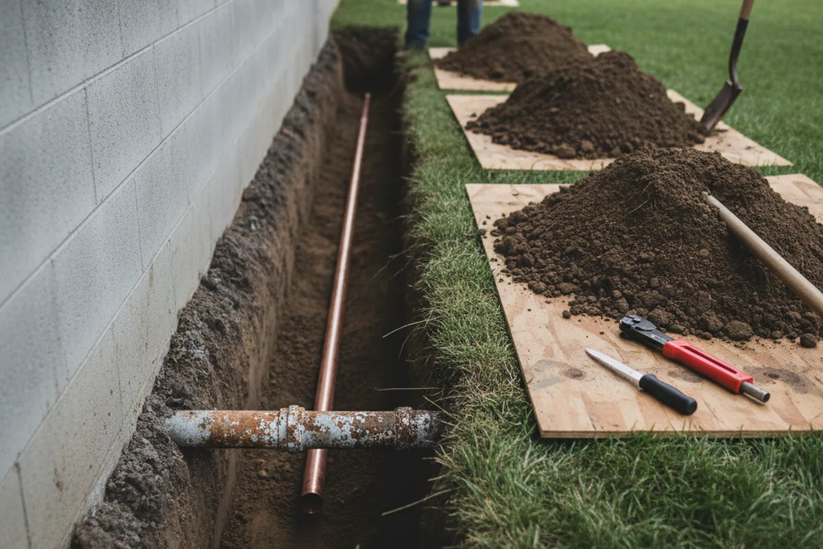 Excavated water line trench during Water Softener Installation in Los Fresnos